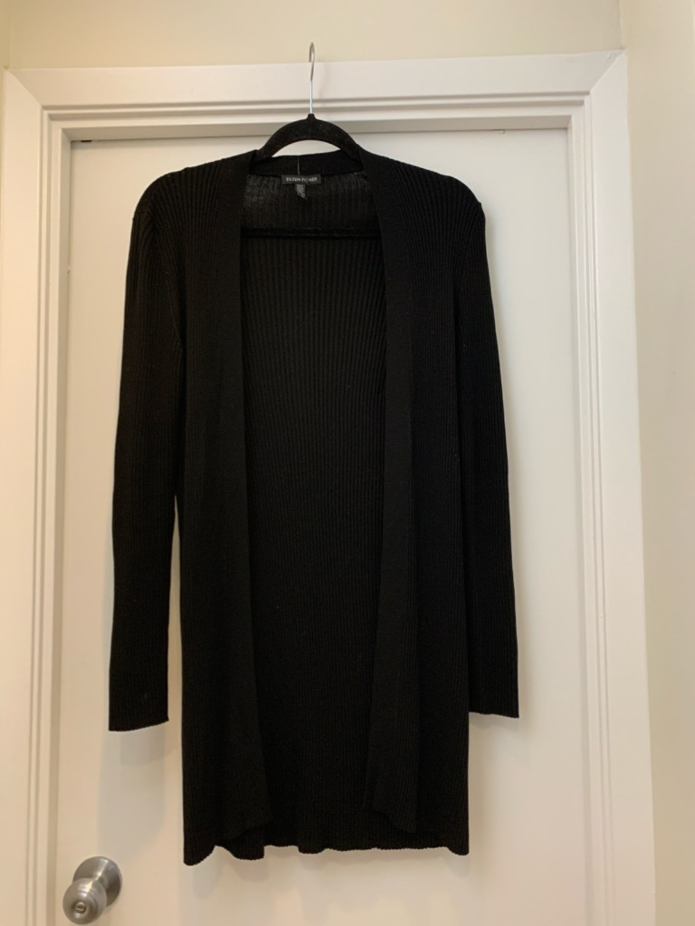 Eileen Fisher Black Ribbed Open-Front Long Cardigan
